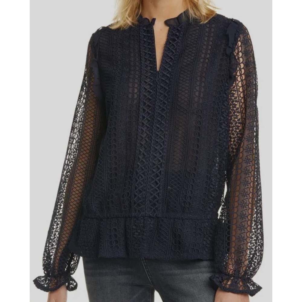 NWT Ted Baker Blue V-Neck Zip Front Embroidered Lace Long-Sleeve Blouse Size 4